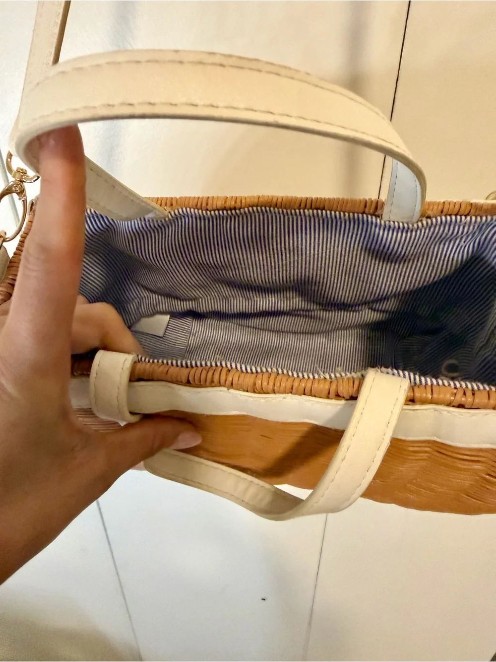 Woven Rattan Crossbody Bag with Cream Trim
